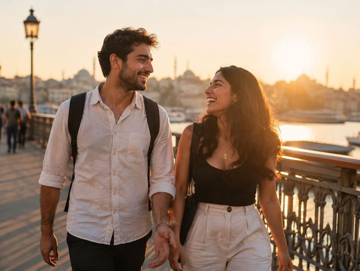 A couple walking across a bridge at sunset, laughing