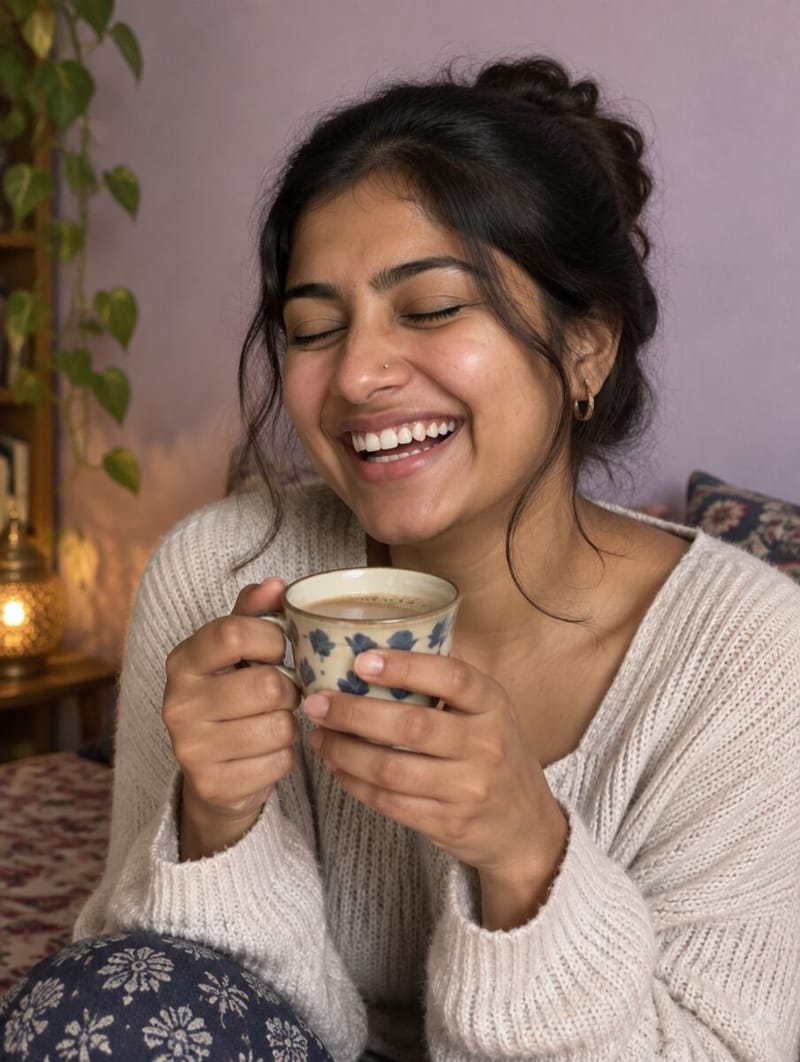 A woman laughing with a cup of tea at home