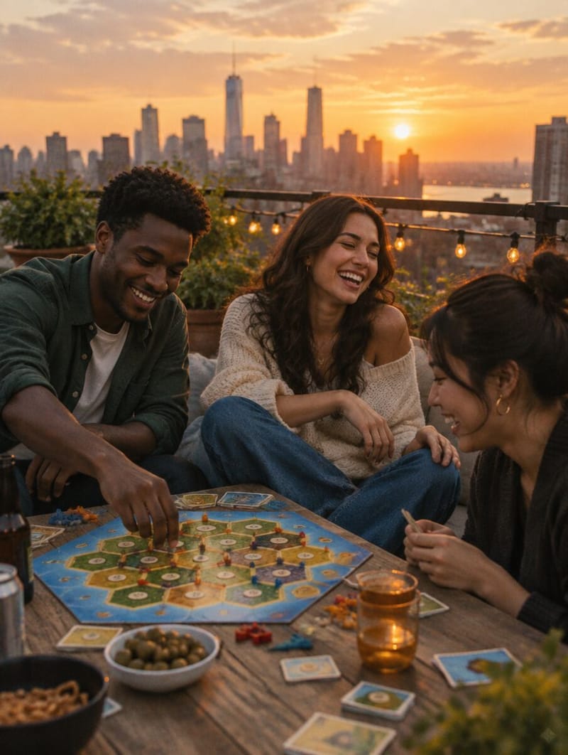 Three friends playing a board game on a rooftop at sunset