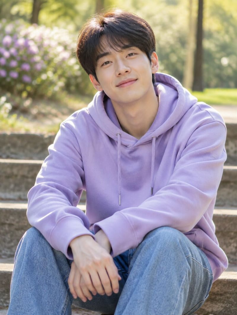 A young man smiling on the steps of a sunny park